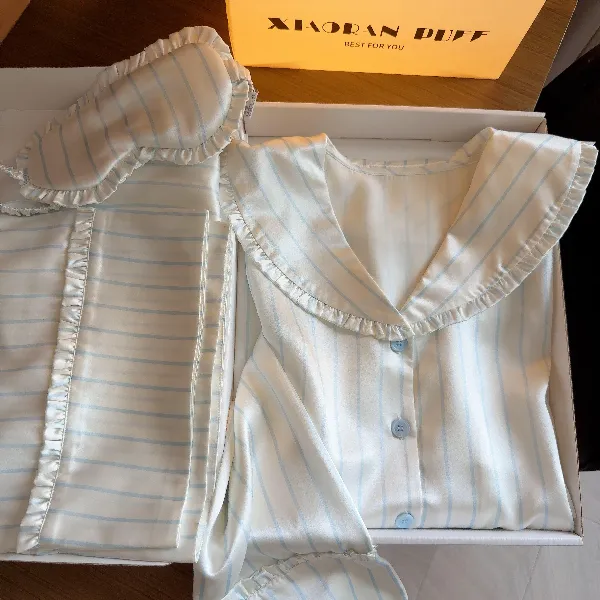 【DSYJ大睡衣家】明星同款花边条纹冰丝睡衣女早秋款爆款家居服套装