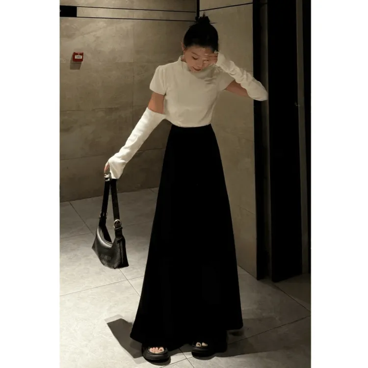 新款高腰垂感气质西装半身裙女法式小众休闲百搭松紧简约A字长裙