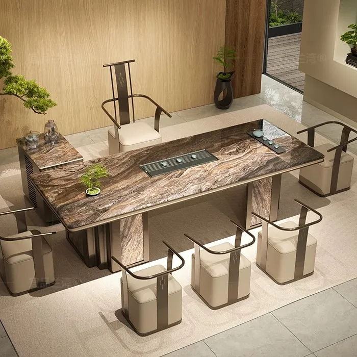 【佛山品质】新款高端岩板茶桌椅组合烧水壶一体嵌入式全自动茶桌台