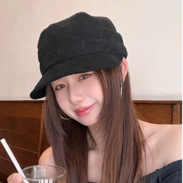 时尚纯色马术帽麂皮绒平顶鸭舌帽女休闲百搭日系春秋八角帽显脸小