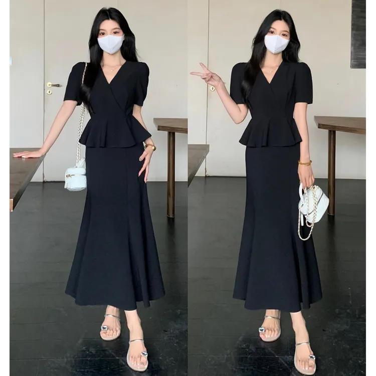 大码女夏新款气质设计感时尚假两件收腰显瘦V领鱼尾裙轻熟连衣裙