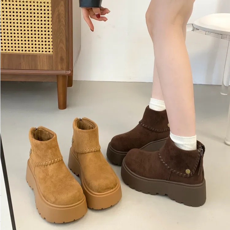 啄木鸟复古厚底增高大头雪地靴女2025秋冬季新款加绒短筒勃肯棉鞋
