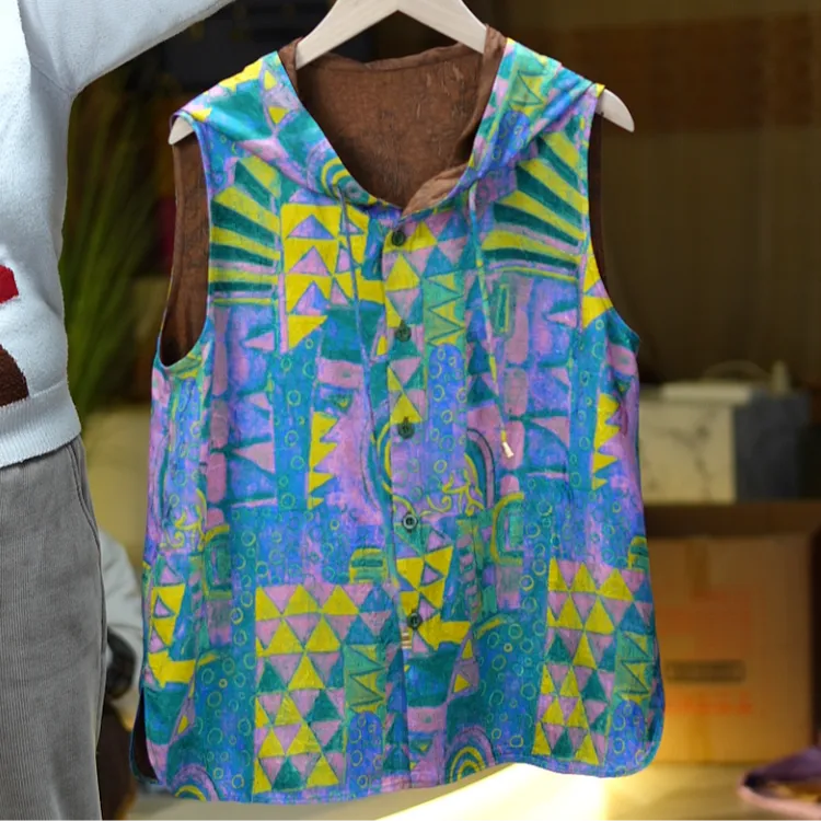 华年《非遗美学》2415文艺复古无袖宽松百搭连帽上衣