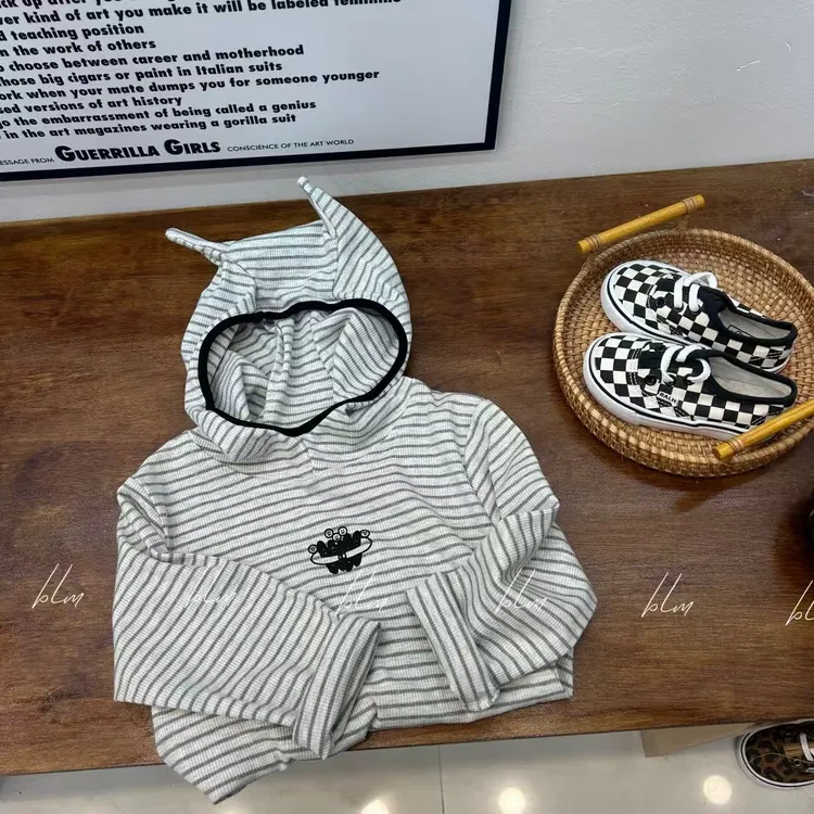 儿童2025秋装新款男女童长袖连帽休闲洋气韩版百搭条纹上衣打底