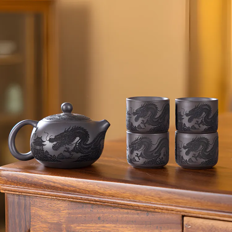 原矿紫砂雕刻龙纹龙纹茶壶家用手工泡茶复古中式功夫茶具西施壶