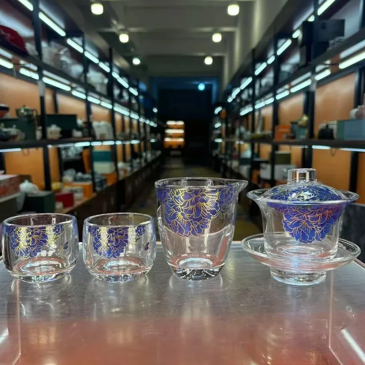 龙窑茶器    玻璃变色牡丹蝶恋花（蓝）一盖两杯公道      2691 （B）