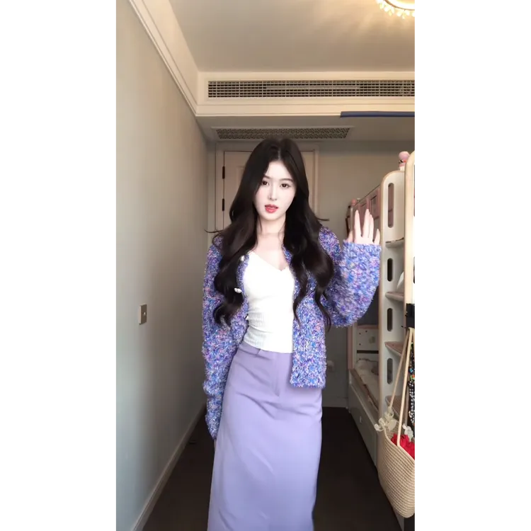 MARIE.COCO高级紫色小香风针织衫外套女早秋毛衣穿搭巨显瘦包臀裙