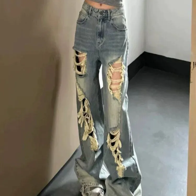 美式辣妹破洞牛仔裤女2025夏季新款复古高街设计感高腰宽松直筒裤