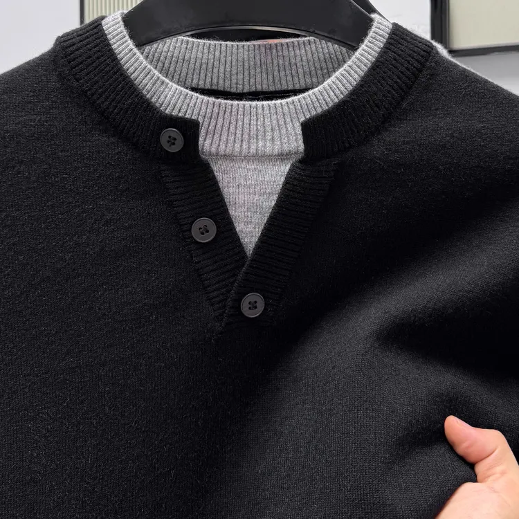 in cotton sea高档叠穿层次感长袖假两件男士秋冬休闲时尚针织衫