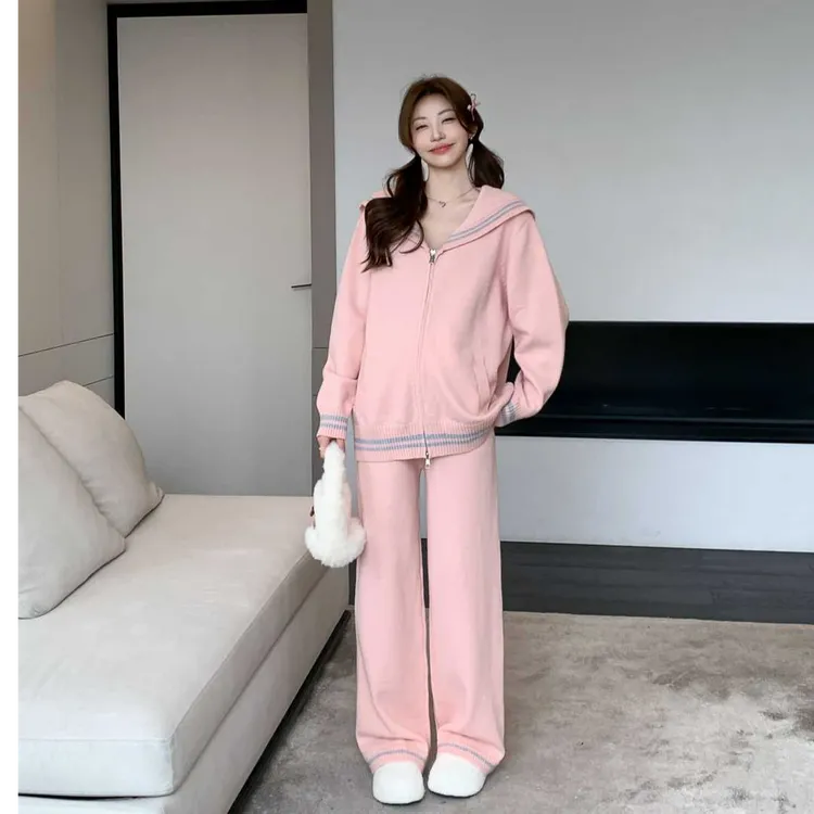 2025新款秋冬休闲时尚宽松针织毛衣套装长袖格纹拼接设计款两件套