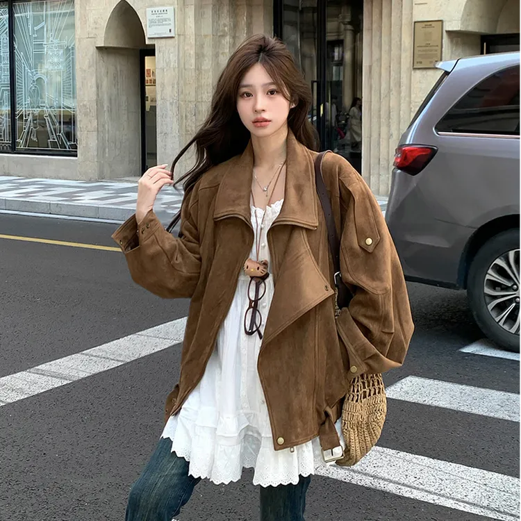 麂皮绒机车外套2025秋季复古美拉德休闲宽松慵懒翻领廓形感夹克女