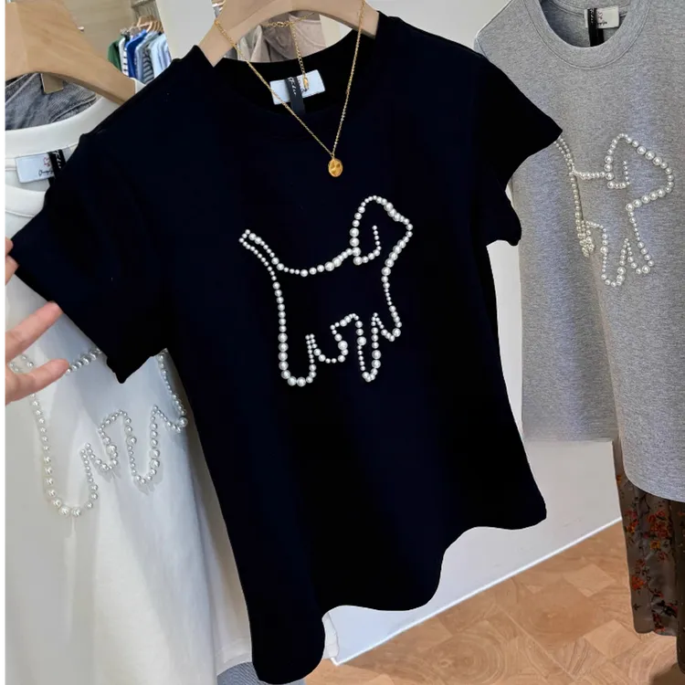 时尚美式复古辣妹风珍珠小狗短袖流行不规则夏季显瘦小众百搭独特