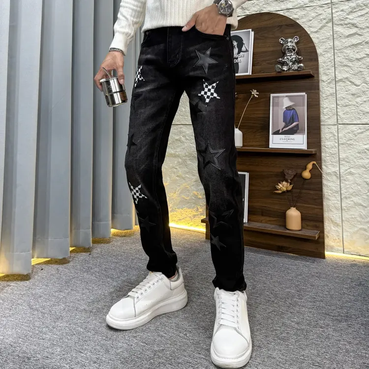 春秋新款高端小众潮流黑色定制贴皮刺绣修身时尚小脚牛仔长裤