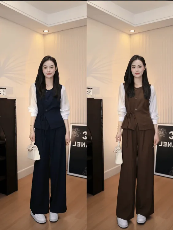 设计感叠穿套装女2024秋装韩版休闲假两件上衣垂感阔腿裤两件套
