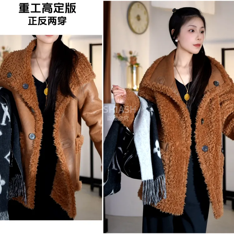 2025秋冬通勤款 全羊毛翻领羊羔毛外套 毛绒双面穿保暖显瘦中长款