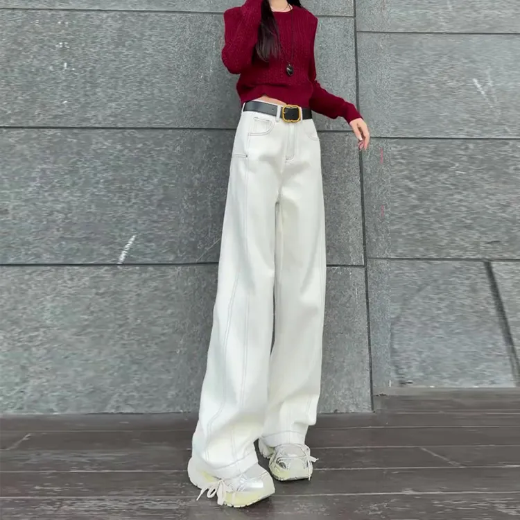 白色弯刀裤女款爆款2025年新款秋冬高腰加绒加厚直筒阔腿牛仔裤
