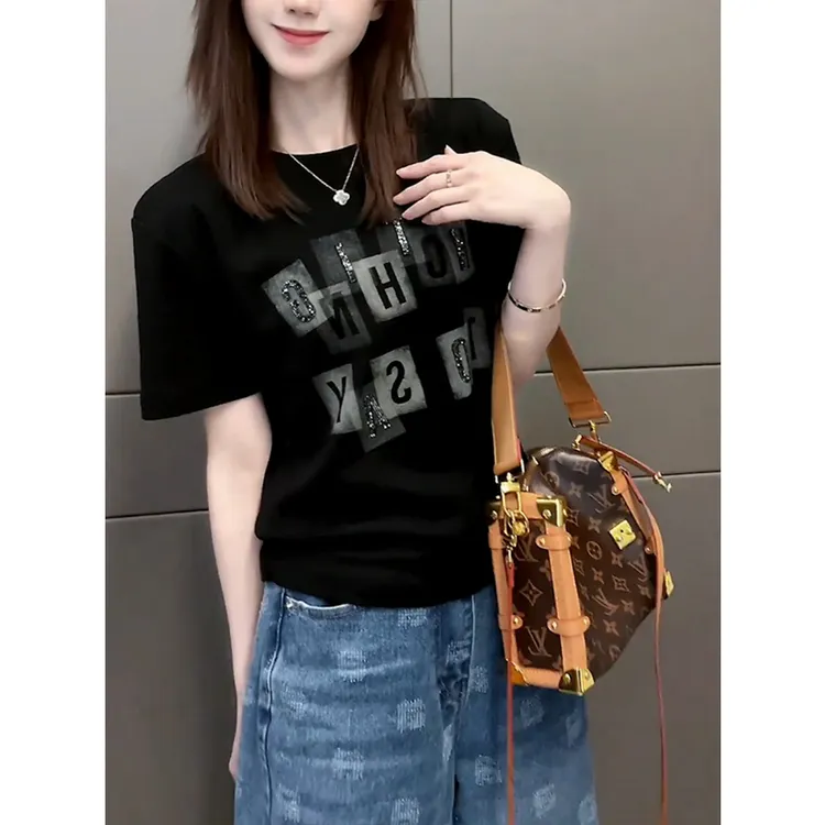 重工烫钻印花正肩短袖t恤女夏季新款美式韩版高级洋气质显瘦上衣