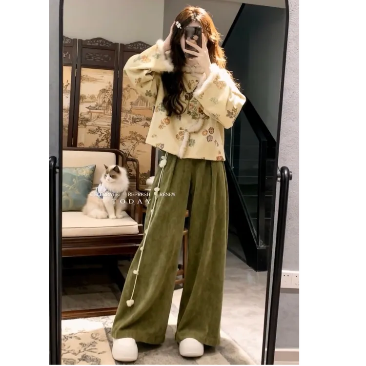 2025冬季新款中国风气质两件套套装新中式盘扣花朵外套高腰阔腿裤