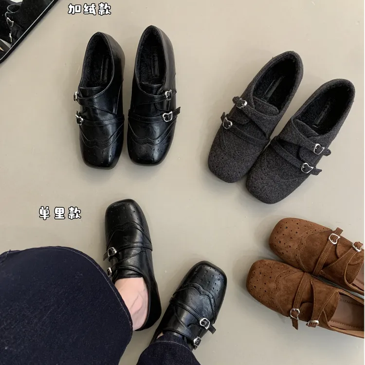 内增高加绒毛呢子复古方头单鞋厚底乐福鞋女秋冬新款英伦风小皮鞋