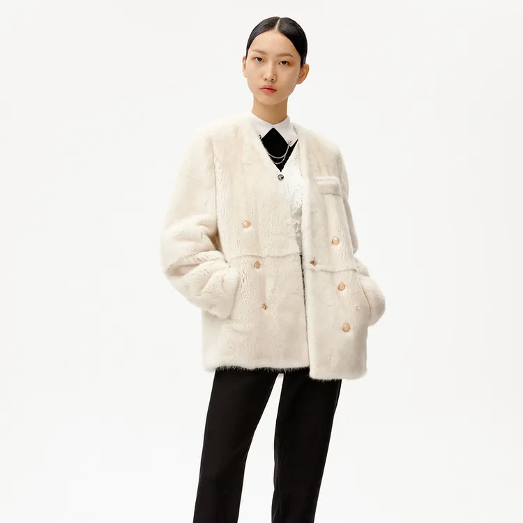 HPLY荷比俪冬新品女大气简洁V领柔软保暖皮草外套HEB42590163