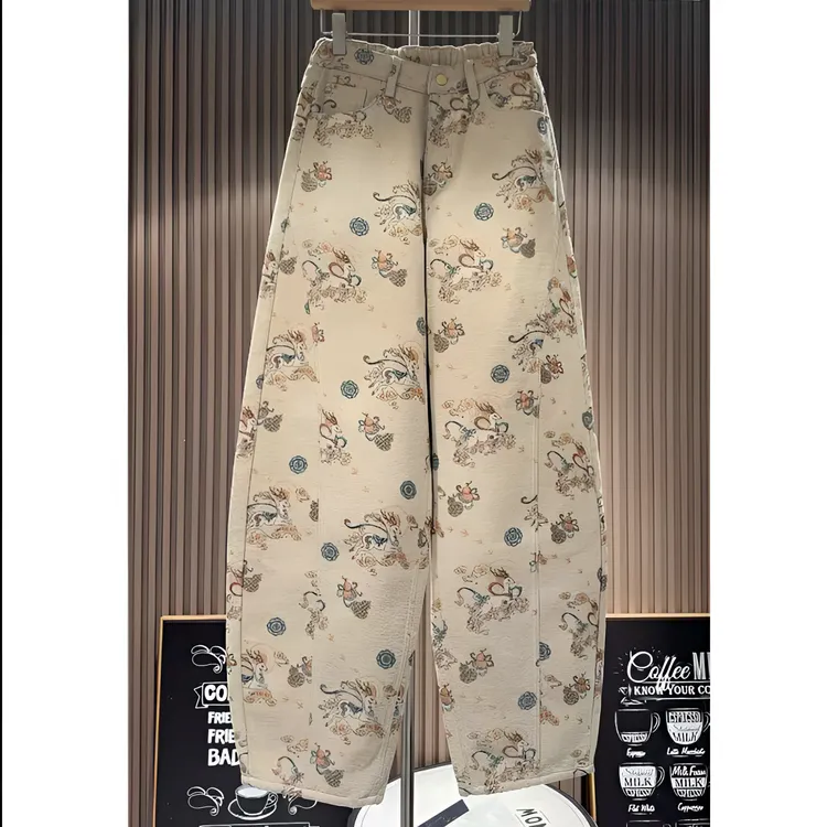 2025冬季休闲裤加绒厚款复古中国风金线提花显瘦阔腿弯刀裤女