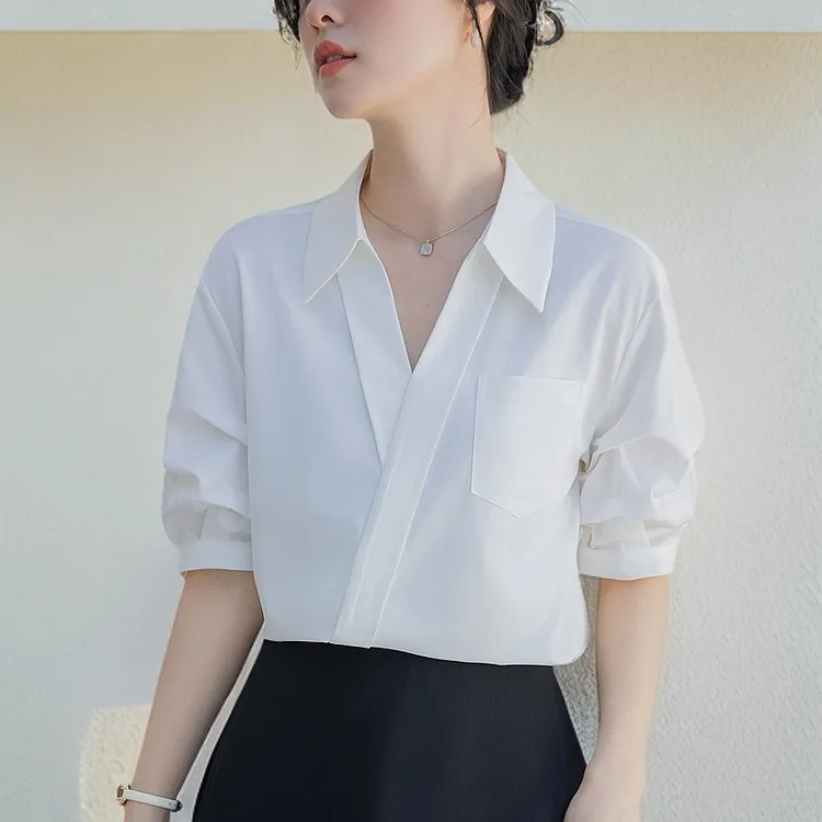 白色衬衫女士2025夏季新款休闲宽松职业法式小众上衣V领短袖衬衣