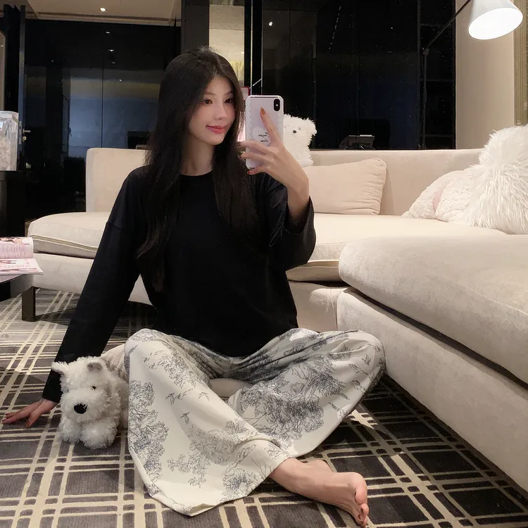 春秋款纯棉长袖睡衣女宽松慵懒感阔腿家居服高级感韩系网红风套装