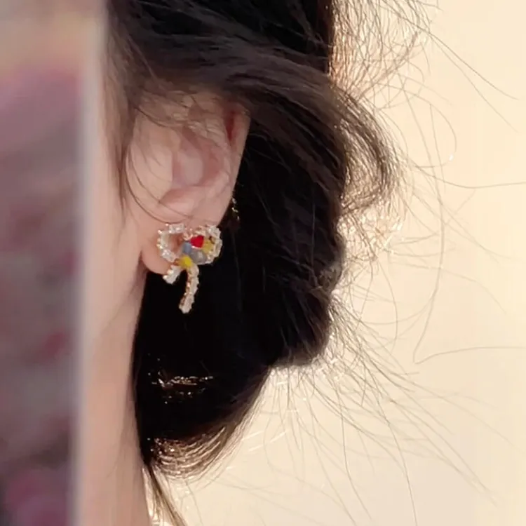 铜合金耳饰 彩色串珠蝴蝶结耳钉韩系超仙精致清新甜美可爱方圆脸