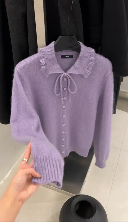 2026韩系洋气木耳边大翻领系带针织开衫女冬季新款百搭毛衣外套