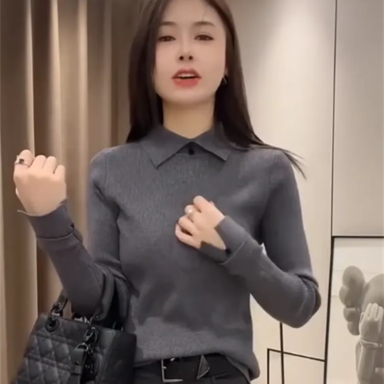 韩版简约时尚POLO领针织衫显瘦套头舒适别致长袖气质打底洋气上衣