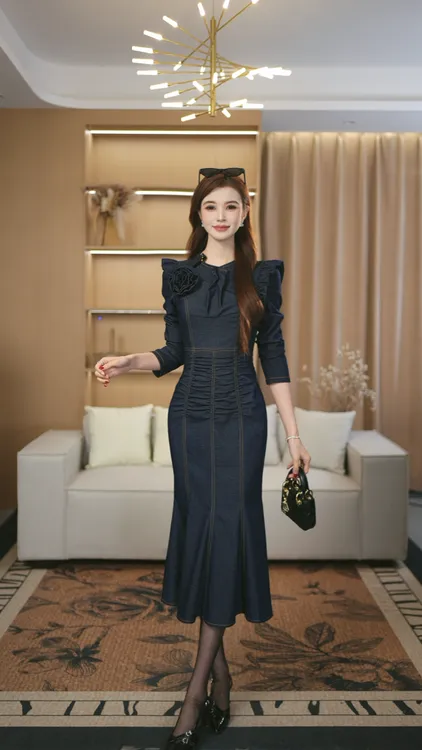 罗曼定制 高定原创设计气质名媛深蓝牛仔连衣裙时尚包臀鱼尾裙