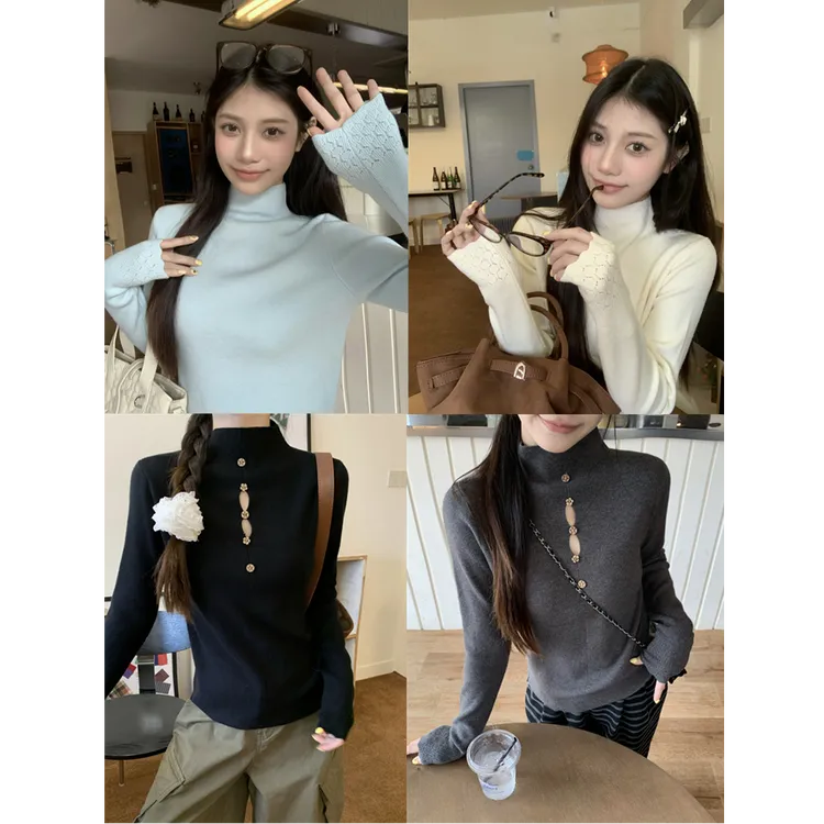 秋冬新款前后两穿纽扣设计半高领打底针织衫长袖上衣女