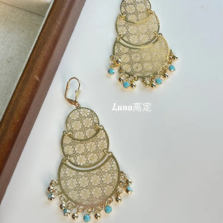 铜合金合成锆石耳饰 Luna定制0424民族风宫廷款绿金色质感耳环