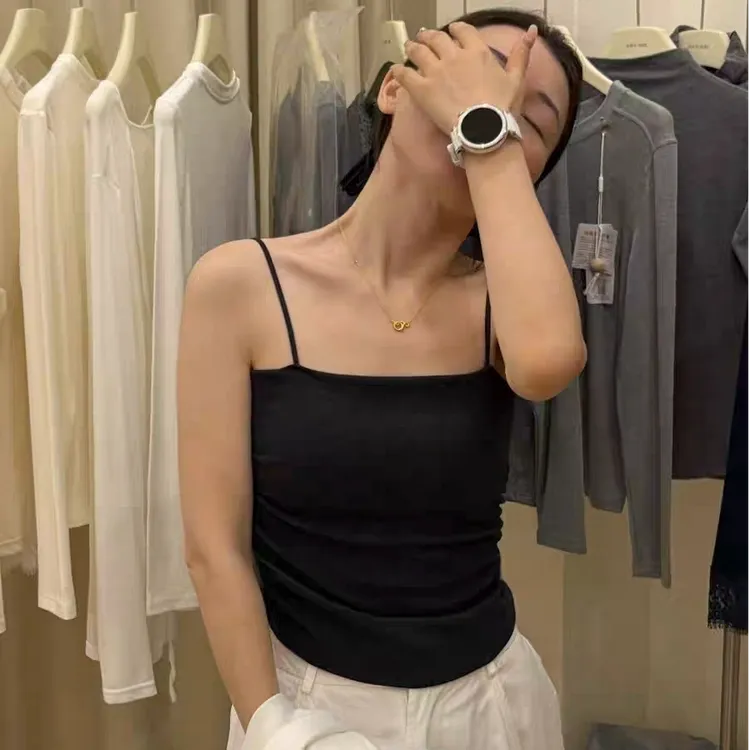纯色简约通勤一字肩吊带背心内搭女自带固定胸垫秋季打底短款上衣
