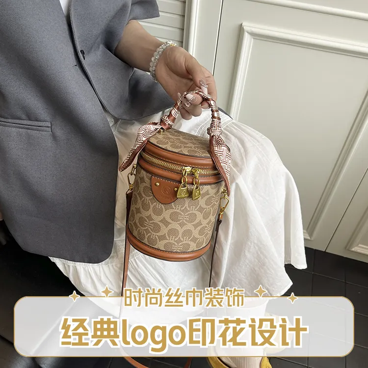 日韩夏季时尚百搭拉链手提包小方包韩版印花单肩斜挎女士发财桶包