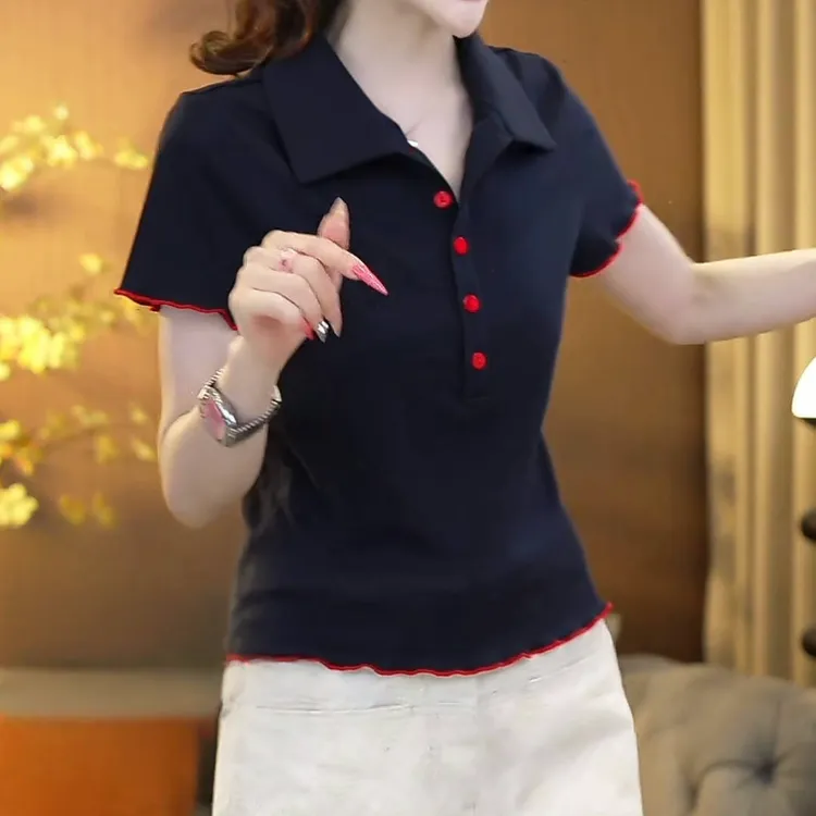 纯色轻职风polo领百搭短袖T恤女2025新款夏季设计感撞色纽扣上衣