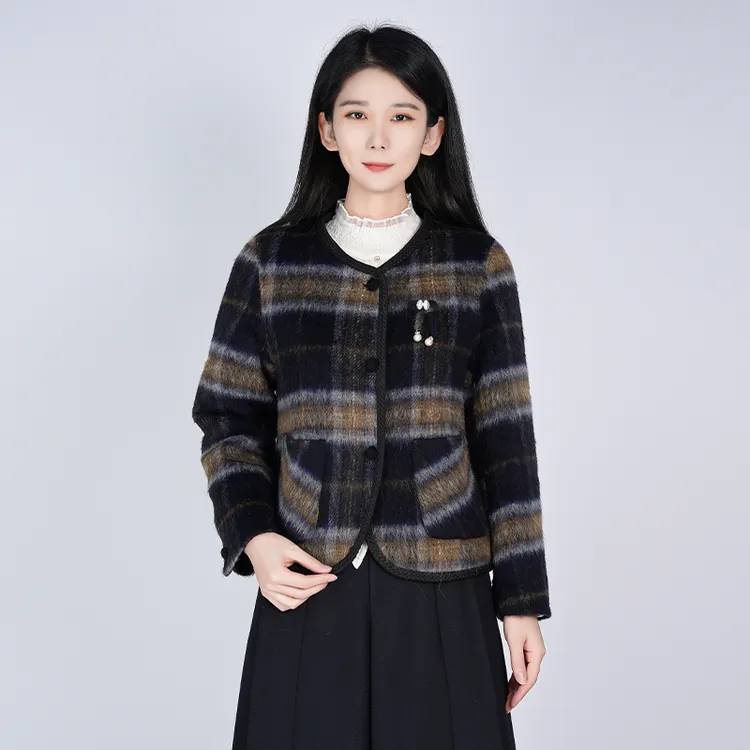 羊毛百搭时尚优雅女气质经典格色短款大衣外套WH05007805