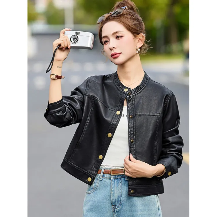 【海宁新款】VD25秋款立领高品质仿真绵羊皮女士休闲小皮衣夹克外套