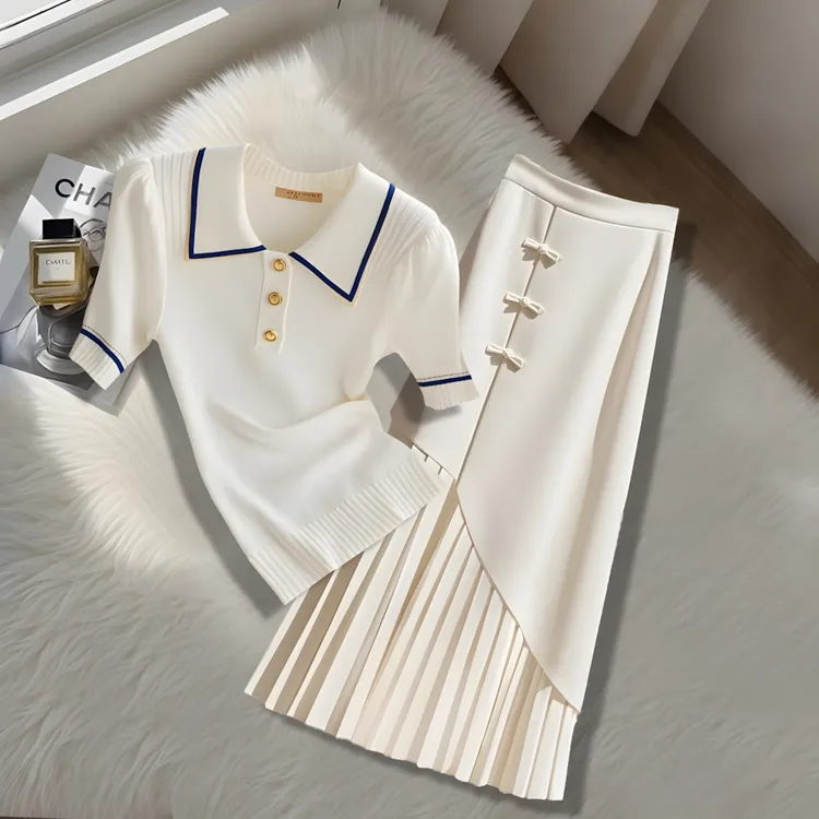 2025夏季爆款超好看时尚白色polo领t恤新中式国风半身裙子套装女