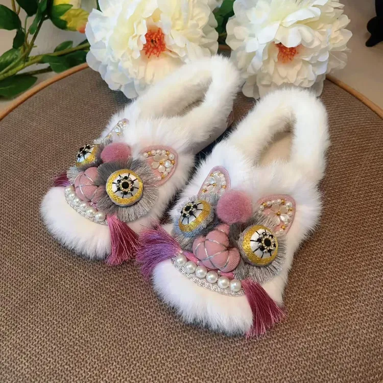 冬季新款手工虎头鞋一脚蹬国风刺绣新中式保暖粉色百搭加绒棉鞋女