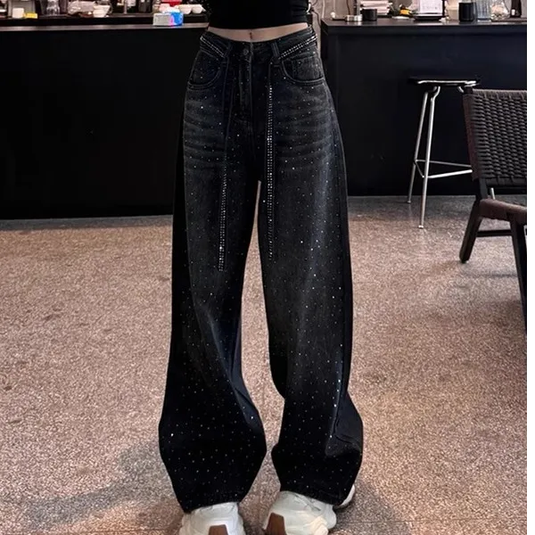 黑色重工烫钻阔腿牛仔裤女秋新款大码高腰胖妹妹宽松显瘦直筒长裤