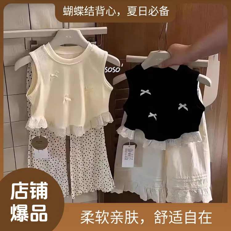 韩版童装女童夏装2025新款儿童洋气蝴蝶结背心上衣女宝无袖