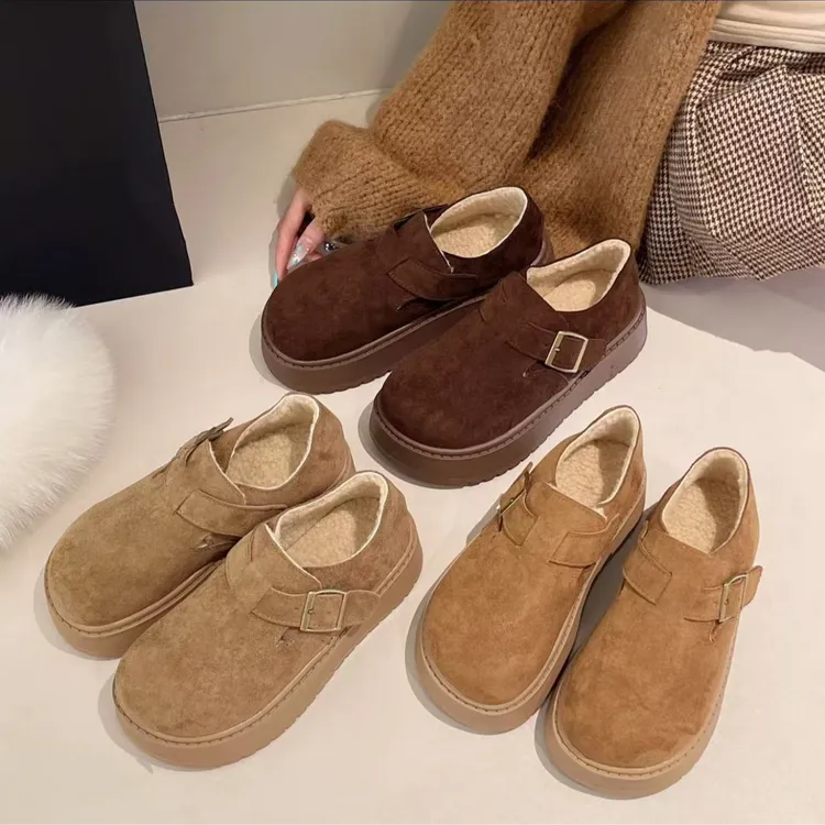牛皮加绒勃肯乐福鞋女秋冬时尚穿搭薄底文艺百搭单鞋A6601