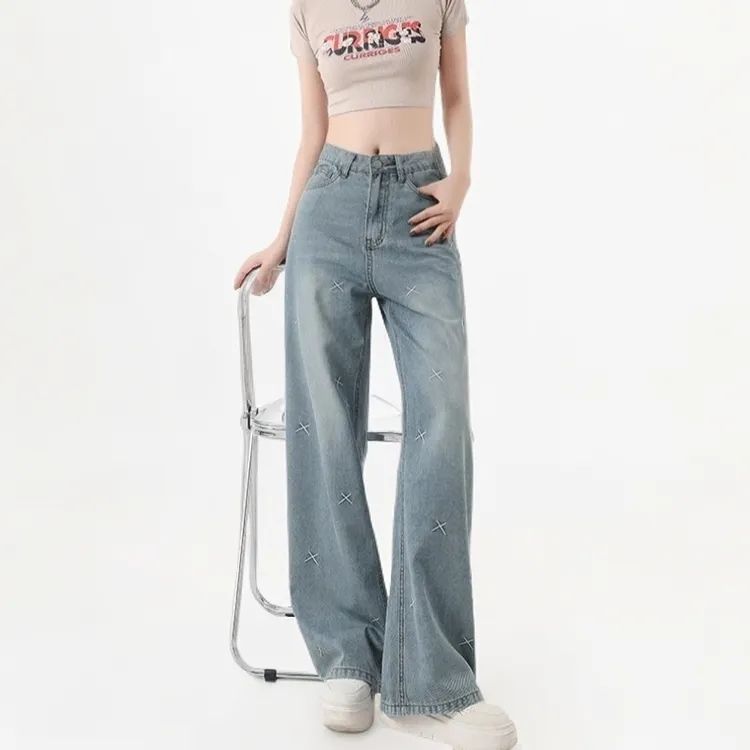 大码女装牛仔裤秋装女款爆款2025新款刺绣阔腿裤高腰显瘦宽松裤子