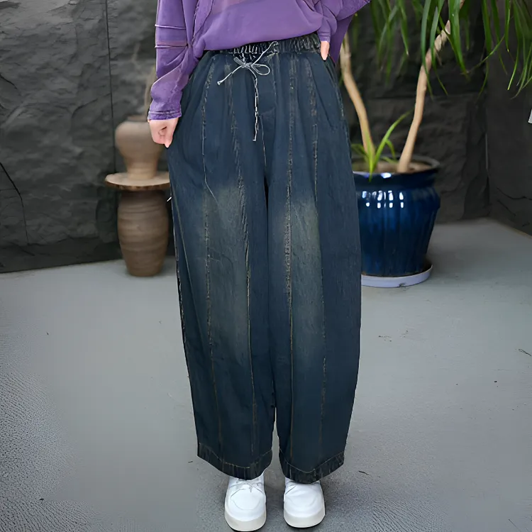 JJ南瓜裤水洗做旧女常规牛仔裤松紧腰地雷系复古文艺宽松纯色