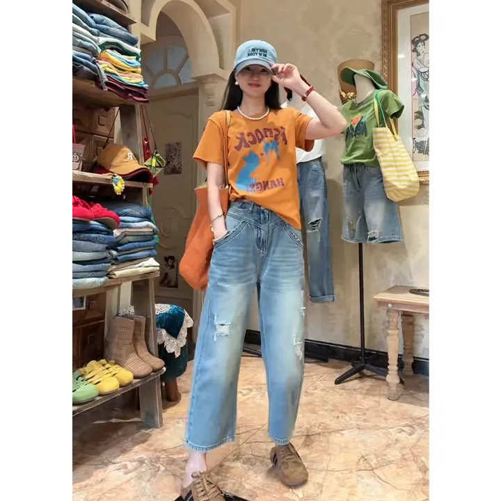 2025秋季新款复古直筒九分牛仔裤高腰显瘦宽松时尚休闲慵懒风裤子