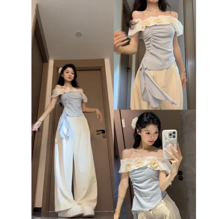 INS CEC立体花朵短袖T恤女夏季褶皱修身不规则上衣长裤套装