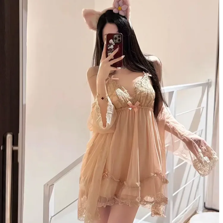 小仙女*轻薄款睡衣*深V加胸垫浪漫蕾丝吊带裙两件套家居服日系