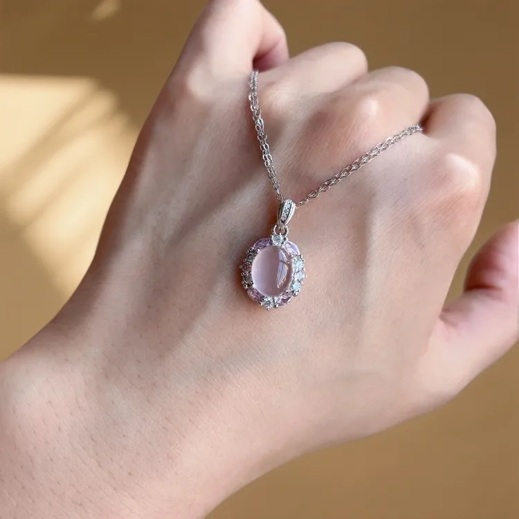 繁花爆款芙蓉石粉水晶吊坠镶嵌925银托送链条