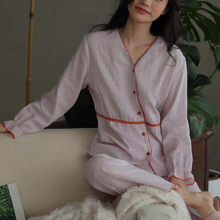 睡衣套装四季长款长袖显瘦睡衣双层纱简约家居服套装V领26338